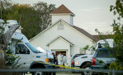 Investigators work at the scene of a mass shooting at the First Baptist Church in Sutherland Springs. (AAP)