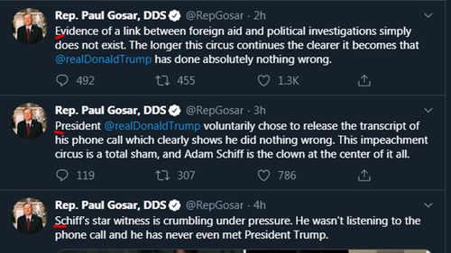 The first letters of Paul Gosar's 23 consecutive tweets spell out 'Epstein didn't kill himself'.