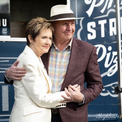 Jackie Woodburne and Alan Fletcher film Neighbours finale.