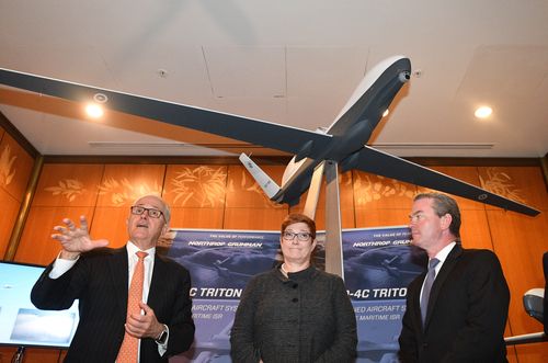 Prime Minister Malcolm Turnbull, Minister for Defence Marise Payne and Minister for Defence Industry Christopher Pyne announcing the $7 billion defence project at a press conference in Canberra today. Picture: AAP