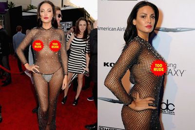 Look closely... Bleona Qereti's entire body is actually covered in bondage-inspired netting and teeny-tiny diamonds. <br/><br/>Most controversial red carpet look at the 2014 AMAs? Only because Miss Miley Cyrus wasn't there to steal her thunder. <br/>