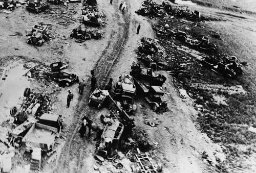 The roads within the Kiev encirclement, which the Soviet troops trod searching for an outlet or a weal spot in the German steel ring, are littered with destroyed vehicles, the remnants of a destroyed army, October 29, 1941. (AP Photo)
