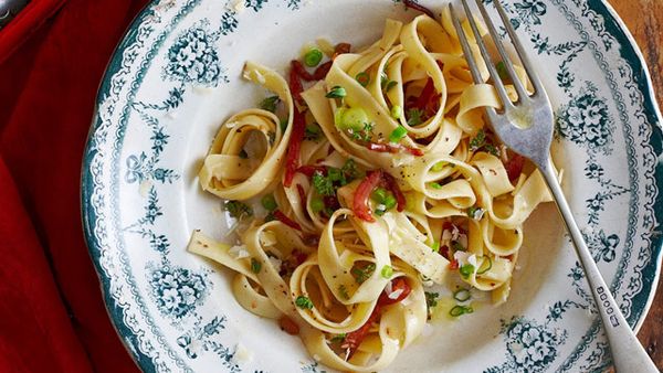 Tagliatelle with bacon, anchovies and thyme