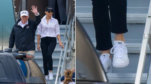 Mrs Trump donned sneakers prior to her arrival in Texas. (AAP)