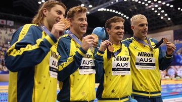 FUKUOKA, JAPAN - JULY 30: Bronze medallists Matthew Temple, Bradley Woodward, Zac Stubblety-Cook and Kyle Chalmers of Team Australia pose during the medal ceremony for the Men&#x27;s 4 x 100m Medley Relay Final on day eight of the Fukuoka 2023 World Aquatics Championships at Marine Messe Fukuoka Hall A on July 30, 2023 in Fukuoka, Japan. (Photo by Adam Pretty/Getty Images)