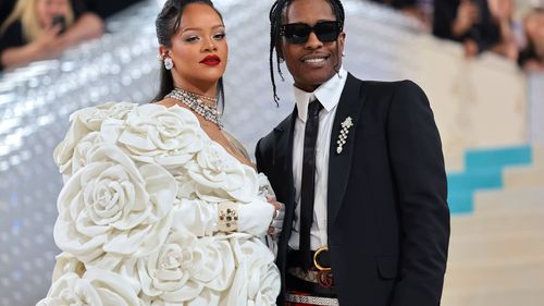 Rihanna and A$AP Rocky at the 2023 Met Gala celebrating "Karl Lagerfeld: A Line Of Beauty" at The Metropolitan Museum of Art on May 1, 2023 in New York City.