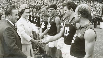 Fitzroy's Ern Joseph introduces Bob Hodgkin to the Queen, before the 1970 VFL match between Fitzroy and Richmond at the MCG.