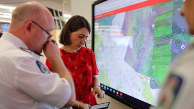 NSW Premier Gladys Berejiklian and RFS Commissioner Shane Fitzsimmons at RFS HQ.