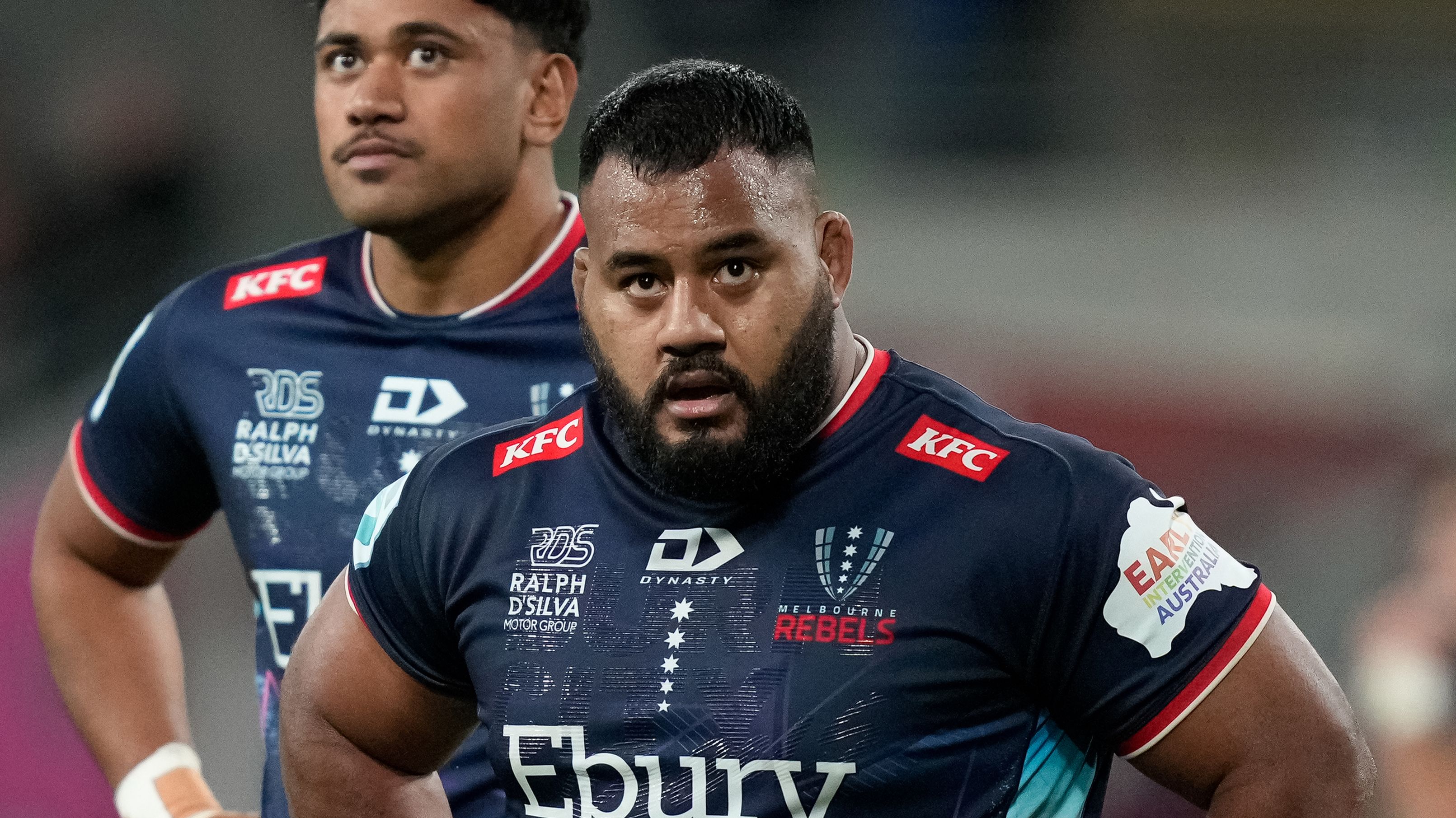 Taniela Tupou of the Rebels (right) and Daniel Maiava of the Rebels (left) during the round eight Super Rugby Pacific match between Melbourne Rebels and Highlanders.