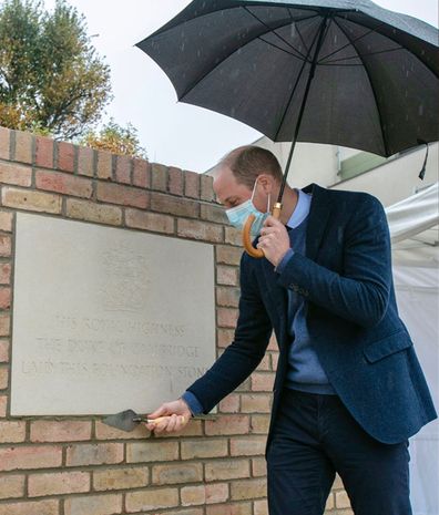 Prince William lays a ceremonial foundation stone at The Royal Marsden Hospital, Sutton, for the new Oak Cancer Centre on October 22, 2020