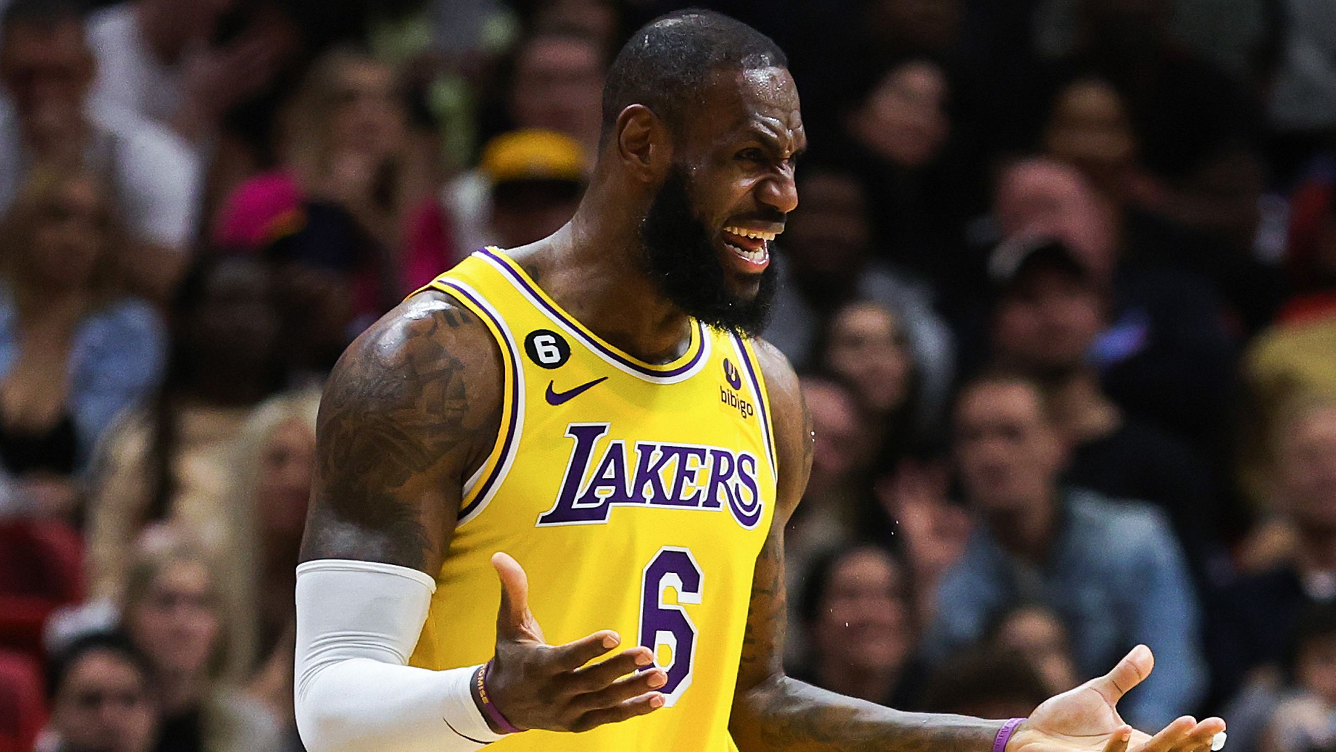 MIAMI, FLORIDA - DECEMBER 28: LeBron James #6 of the Los Angeles Lakers reacts during the third quarter against the Miami Heat at FTX Arena on December 28, 2022 in Miami, Florida. NOTE TO USER: User expressly acknowledges and agrees that, by downloading and or using this photograph, User is consenting to the terms and conditions of the Getty Images License Agreement. (Photo by Megan Briggs/Getty Images)