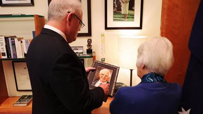 Scott Morrison with his mum, holding a picture of his late dad on his birthday May 13, 2020