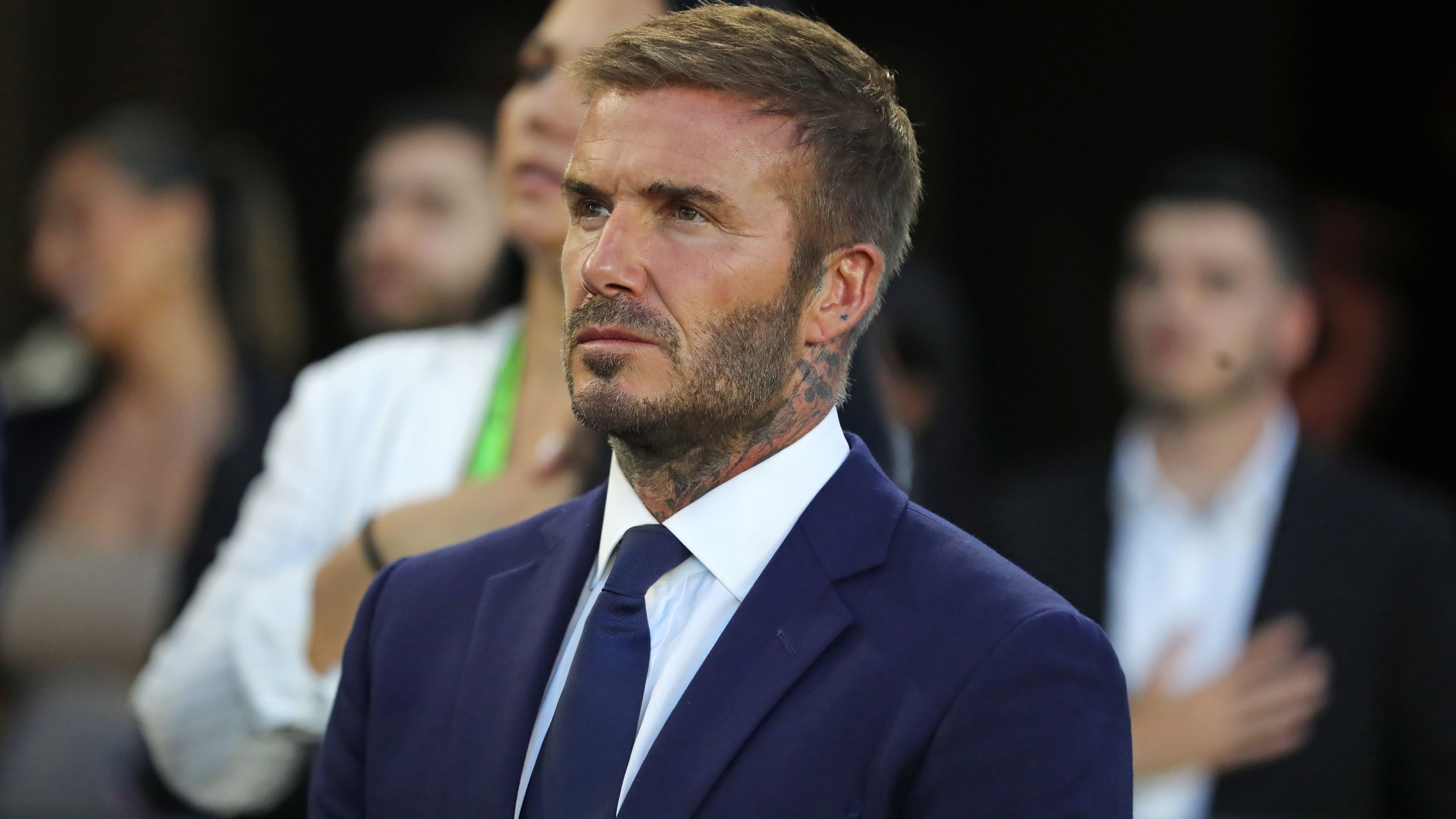 FORT LAUDERDALE, FLORIDA - JULY 21: Co-owner David Beckham of Inter Miami CF stands during the national anthem prior to the Leagues Cup 2023 match between Cruz Azul and Inter Miami CF at DRV PNK Stadium on July 21, 2023 in Fort Lauderdale, Florida. (Photo by Megan Briggs/Getty Images)