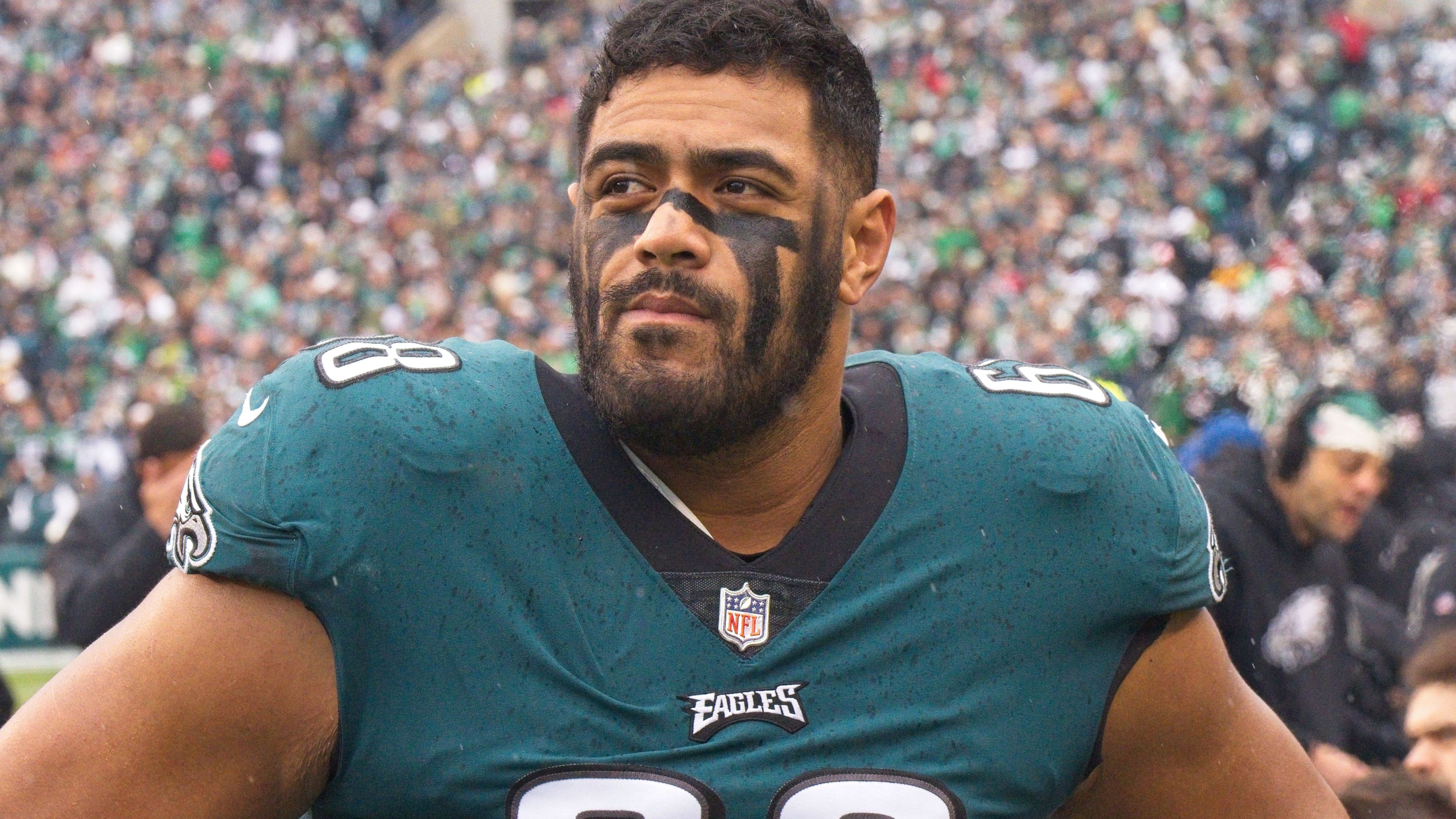 PHILADELPHIA, PA - JANUARY 29: Philadelphia Eagles offensive tackle Jordan Mailata (68) looks on during the Championship game between the San Fransisco 49ers and the Philadelphia Eagles on January 29, 2023. (Photo by Andy Lewis/Icon Sportswire via Getty Images)