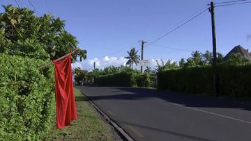 Red flags are hung outside homes where families are not vaccinated.