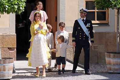 STOCKHOLM, SWEDEN - JUNE 13: Princess Sofia of Sweden, Princess Ines of Sweden, Princess Estelle of Sweden, Prince Gabriel of Sweden, Prince Alexander of Sweden, Prince Julian of Sweden and Prince Carl Phillip of Sweden leave after the christening of Princess Ines of Sweden at the Drottningholm Palace Chapel on June 13, 2025 in Stockholm, Sweden.  (Photo by Michael Campanella/Getty Images)