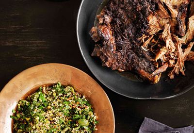12-hour roast lamb with pistachio and green-olive tabbouleh