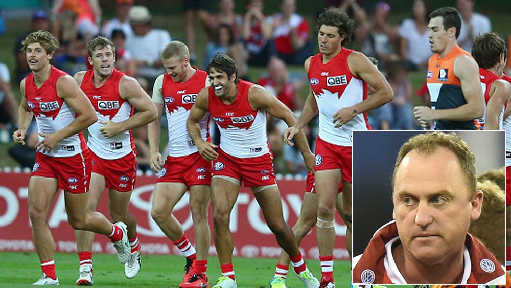 Swans players celebrate a goal and (inset) John Longmire. (Getty and AAP)