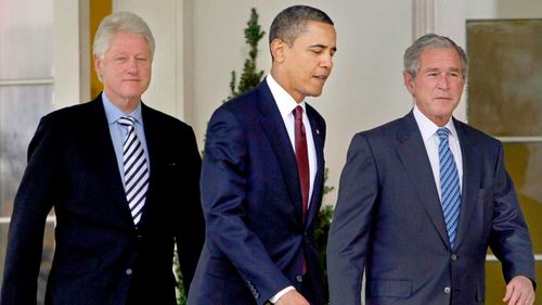 Presidents Bill Clinton, Barack Obama and George W Bush in 2010.