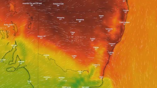 By 1pm much of NSW is forecast to be sweltering through extreme temperatures.
