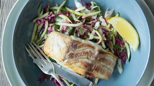Nadia Lim's chargrilled fish with hand-cut chips and pickled slaw