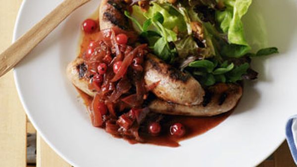 Sausages with redcurrant & red onion relish