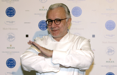 French chef Alain Ducasse poses for photographers as he celebrates the 25th anniversary of his restaurant Le Louis XV in Monte Carlo, Saturday, Nov. 17, 2012, in Monaco.