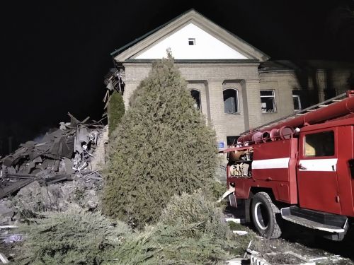 Ukrainian firefighters work at damaged hospital maternity ward in Vilniansk, Zaporizhzhia region, Ukraine, early Wednesday, November 23, 2022. 