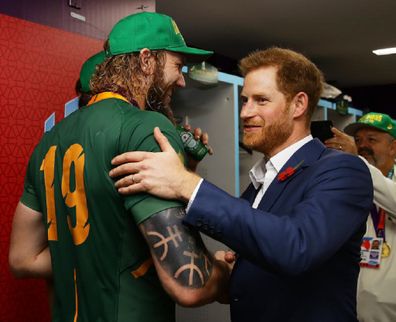 Duke of Sussex congratulates RG Snyman of South Africa following his team's victory.