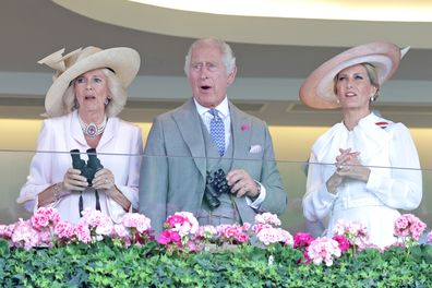 Queen Camilla, King Charles III and Sophie, Duchess of Edinburgh watch a race during day two of Royal Ascot 2023 at Ascot Racecourse on June 21, 2023 in Ascot, England 