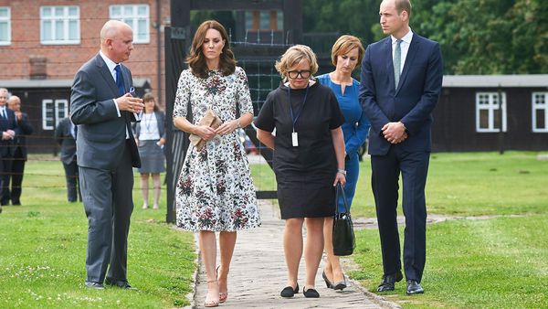 Catherine, Duchess of Cambridge, and Prince William walk with Piotr Tarnowski, the director of the Stutthof Museum, during a visit to the Former Nazi-German Concentration Camp KL Stutthof in Sztutowo village, northern Poland. (AAP)