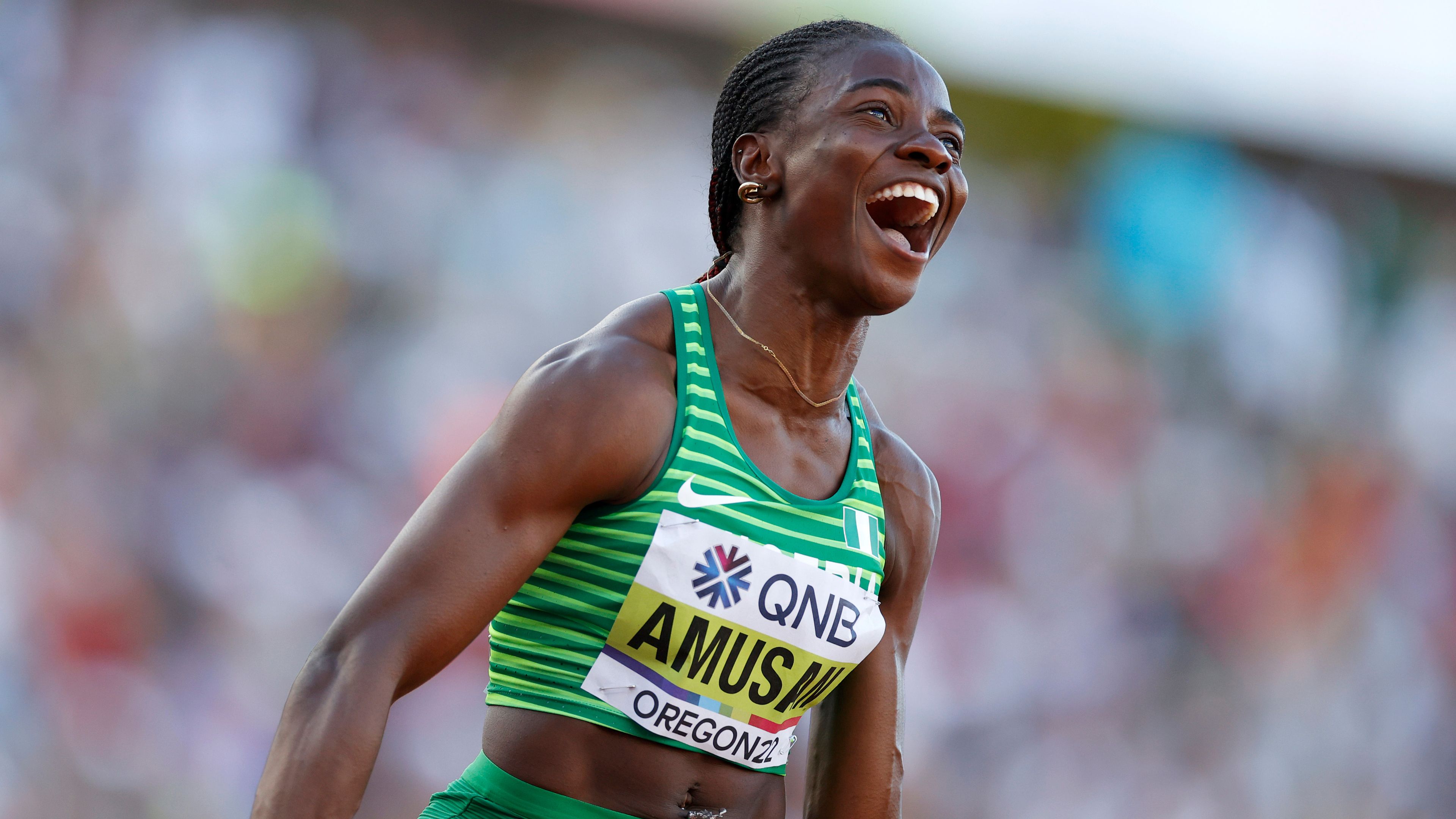 Tobi Amusan of Team Nigeria reacts after winning gold in the Women&#x27;s 100m Hurdles Final on day ten of the World Athletics Championships Oregon22 at Hayward Field on July 24, 2022 in Eugene, Oregon. (Photo by Steph Chambers/Getty Images)