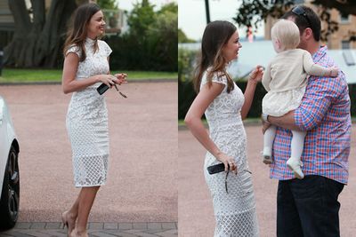 Amidst all the brand plugging, Miranda found time to show her face at the christening of a friend's baby. Does she ever sleep?<br/><br/>Images: Splash
