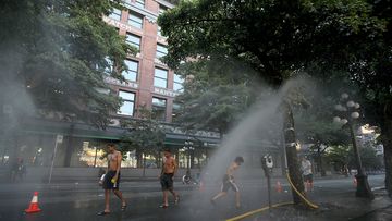 A temporary misting station on Abbott Street during a heatwave in Vancouver, British Columbia.