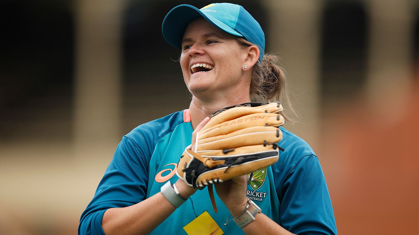 Jess Jonassen of Australia reacts during an Australian Womens ODI squad training session at Junction Oval on October 10, 2023 in Melbourne, Australia. (Photo by Daniel Pockett/Getty Images)