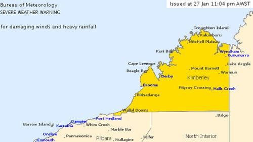 Emergency WA has issued a severe weather warning to residents, as monsoonal storms, rain and wind tear through the Kimberley region. (Bureau of Meteorology)