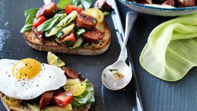 Recipe: <a href="http://kitchen.nine.com.au/2017/05/19/10/01/hayden-quinn-tomato-breakfast-salad-with-chorizo-herbs-eggs-and-bread" target="_top">Hayden Quinn's tomato breakfast salad </a>with chorizo, herbs, eggs and toast