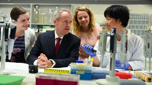 Bill Shorten speaks to Dr Jing Jing at the Protemics Laboratory at Flinders University College of Medicine in Adelaide