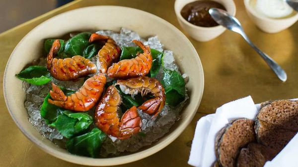 Peter Gilmore's boiled yabbies with buckwheat pikelets, creme fraiche and lemon marmalade