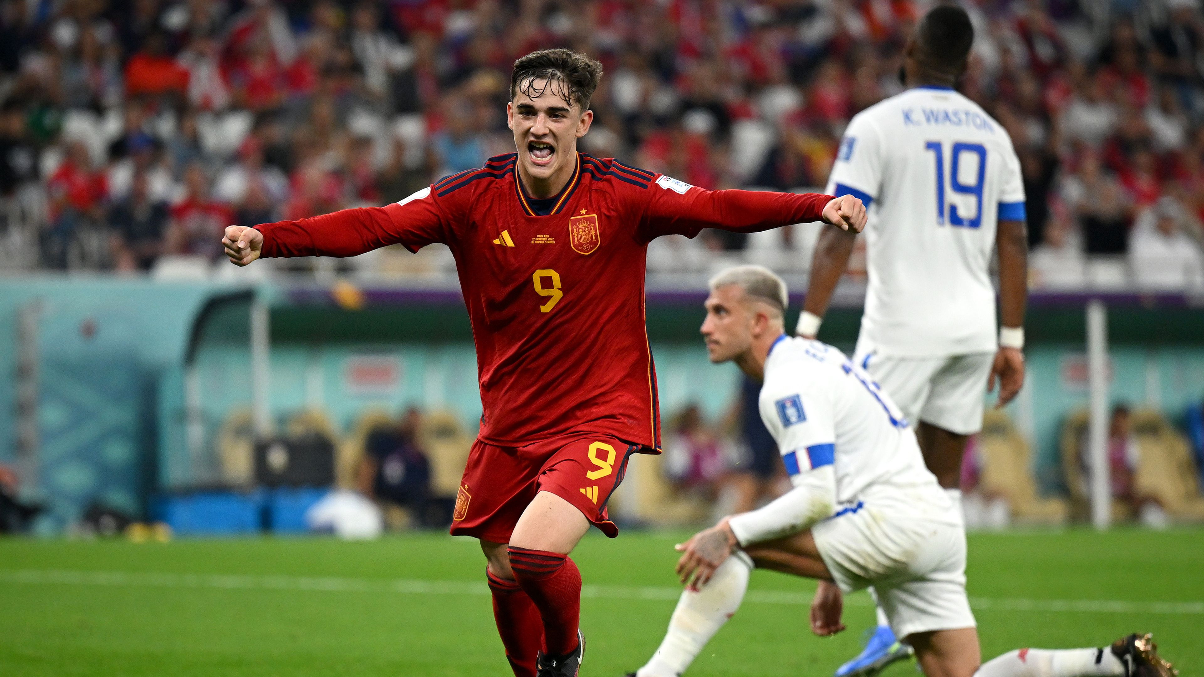 Gavi of Spain celebrates after scoring.