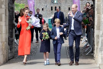 Catherine, Duchess of Cambridge, Princess Charlotte of Cambridge, Prince George of Cambridge and Prince William, Duke of Cambridge during a visit to Cardiff Castle, where they will meet performers and crew involved in the special celebration concert taking place in the castle grounds on June 04, 2022 in Cardiff, Wales. 