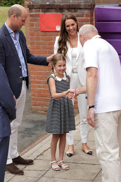 Prince William, Duke of Cambridge, Princess Charlotte of Cambridge and Catherine, Duchess of Cambridge during a visit to SportsAid House at the 2022 Commonwealth Games on August 02, 2022 in Birmingham, England.  