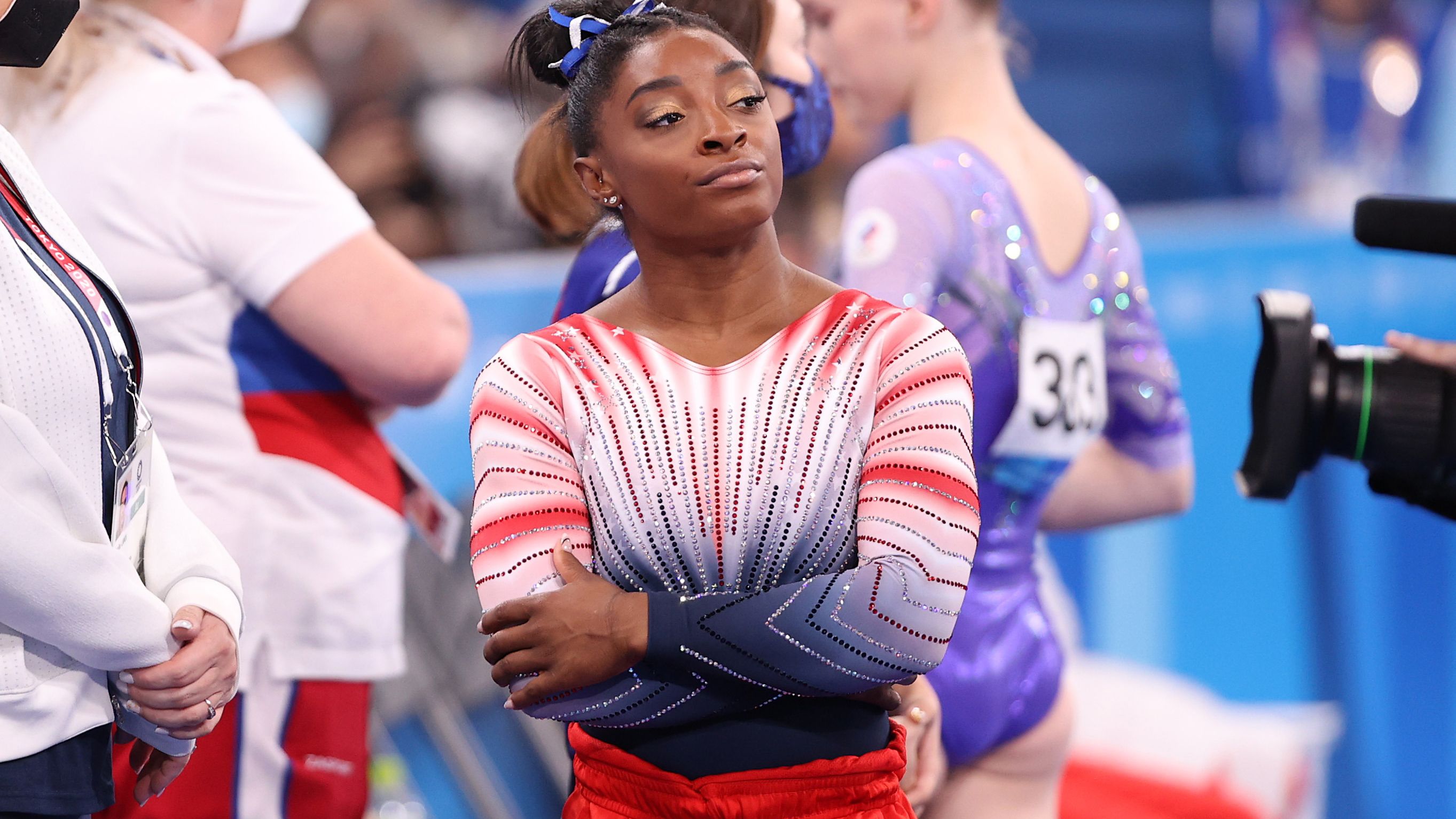 Simone Biles of Team United States looks on during the Women&#x27;s Balance Beam Final on day eleven of the Tokyo 2020 Olympic Games.