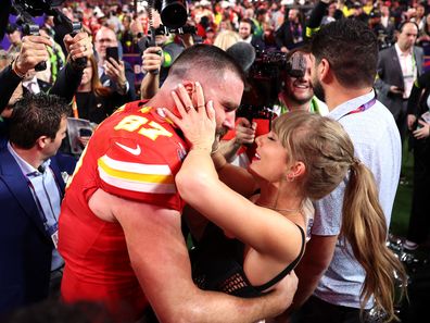 LAS VEGAS, NEVADA - FEBRUARY 11: Travis Kelce #87 of the Kansas City Chiefs celebrates with Taylor Swift after defeating the San Francisco 49ers 2 during Super Bowl LVIII at Allegiant Stadium on February 11, 2024 in Las Vegas, Nevada. (Photo by Ezra Shaw/Getty Images)