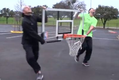 <b>Just when you thought you'd seen it all, some American basketball enthusiasts have added a new dimension to trick shots.</b><br/><br/>Not content in taking aim at regular hoops, they've combined dizzying heights with a moving target to produce a trick shot that has to be seen to be believed.<br/><br/>Their effort started atop the 150 metre high Reunion Tower in Dallas, Texas, and was completed by two agile guys on the ground who were holding the basketball backboard and ring. Trick shots come in all forms...