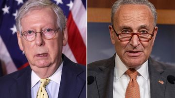 Senators Mitch McConnell (left) and Chuck Schumer (right) are among those being sworn in for the second Trump impeachment trial.