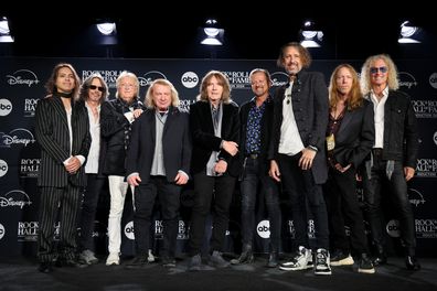 CLEVELAND, OHIO - OCTOBER 19: (L-R) Luis Maldonado, Kelly Hansen, Rick Wills, Lou Gramm, Al Greenwood, Chris Frazier, Michael Bluestein, Jeff Pilson and Bruce Watson of Foreigner pose in the press room during the 2024 Rock & Roll Hall Of Fame Induction Ceremony streaming on Disney+ at Rocket Mortgage Fieldhouse on October 19, 2024 in Cleveland, Ohio.  (Photo by Dia Dipasupil/2024 Getty Images)