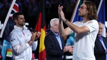 Stefanos Tsitsipas of Greece applauds Novak Djokovic of Serbia following their 2023 Australian Open final. (Photo by Cameron Spencer/Getty Images)