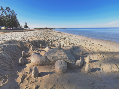 Kel Devoil creates a sand turtle and sand penguins at a Melbourne beach