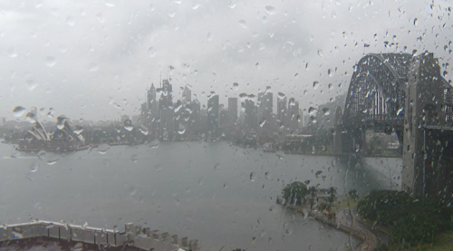 Sydney Harbour is shivering through icy rain and winds with flooding causing issues for transport around the city.